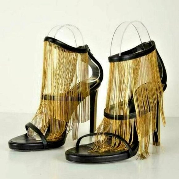 Roberto Cavalli Fringed Metallic Sandals - Picture 1 of 6